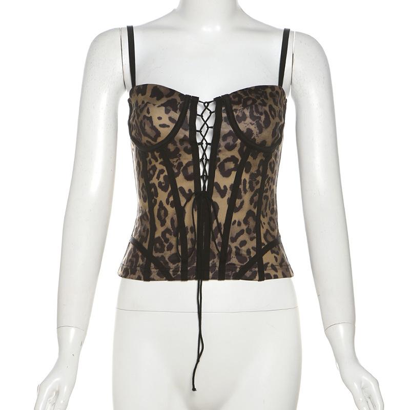 Dámský Korzetový Top s Leopardím Vzorem a Šněrováním, Krátký Kosticemi Vyztužený Bustier s Výřezem na Párty & Streetwear