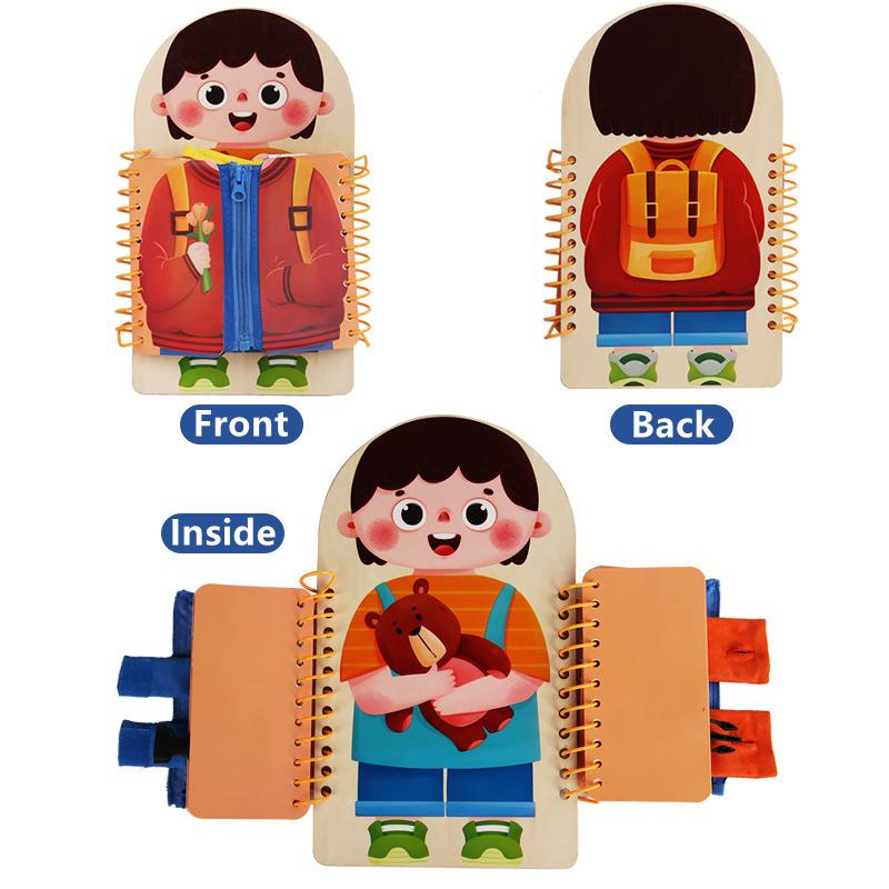 Montessori Wooden Multi-layer Busy Board Toy for Toddlers Life Skills Practice Zipper Buckle Shoelace for Kids Early Education