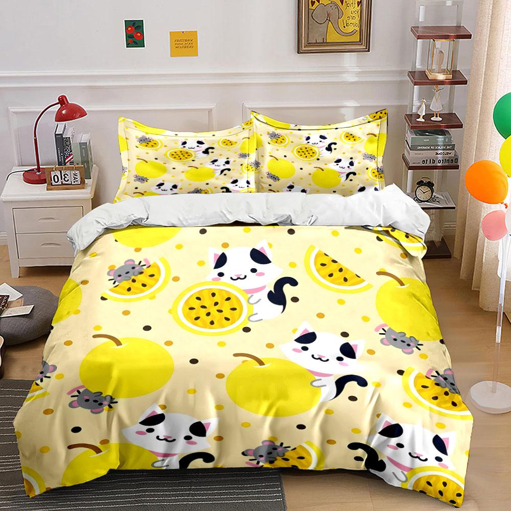 Playful Cats And Fruits Design  Kid'S And Adults' Bedroom Decor, Exquisite Three-Piece Bedding Set Gift