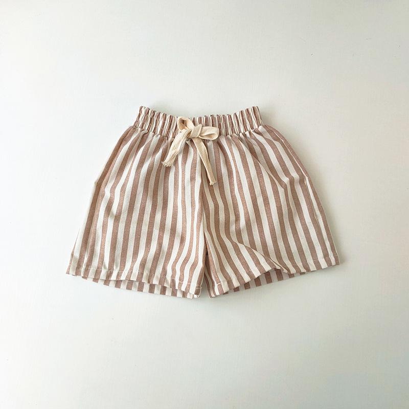 Spring & Summer Unisex Striped Linen-Cotton Kids Shorts – Cute, Casual, and Breathable Korean Style.