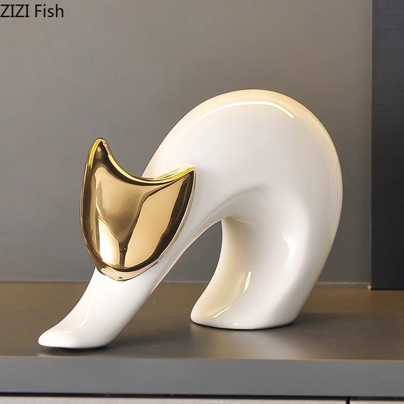 Sztuka Abstrakcyjna Ceramiczny Posążek Kotka Białe Ozdoby Zwierzęce Dekoracja Biurka Porcelanowa Rzeźba Kota Estetyka Wystroju Pomieszczenia