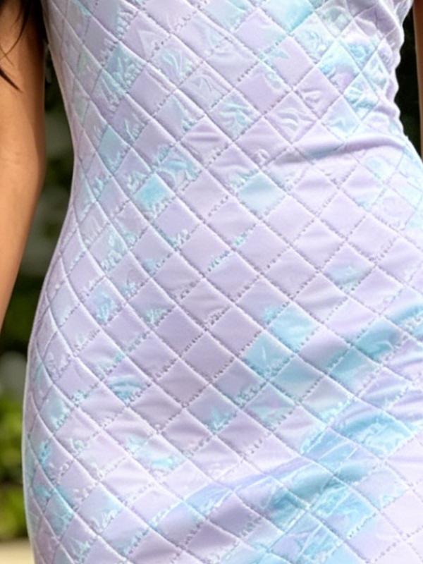 Lavender Blue Tie-Dye Diamond Quilted Print One Shoulder Spaghetti Strap Bodycon Midi Dress Womens Casual Party Dress