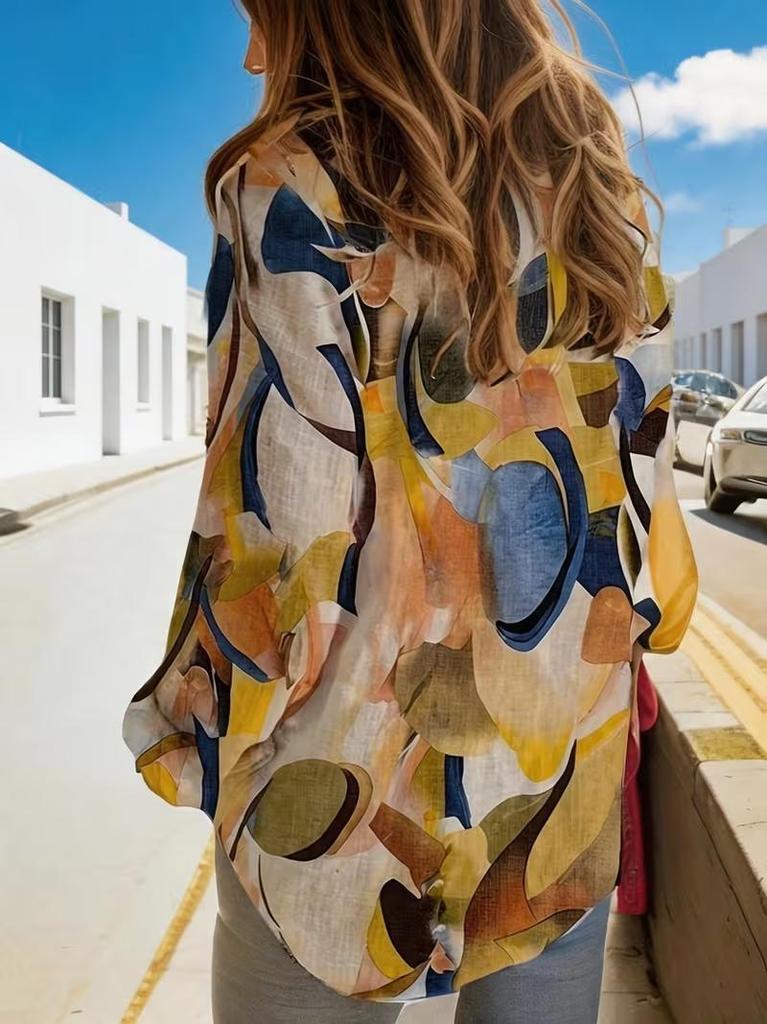 Women's Elegant V-Neck Geometric Print Shirt Ladies Casual Long Sleeves Summer V-Neck Blouse Shirt Tops Plus Size S-5XL