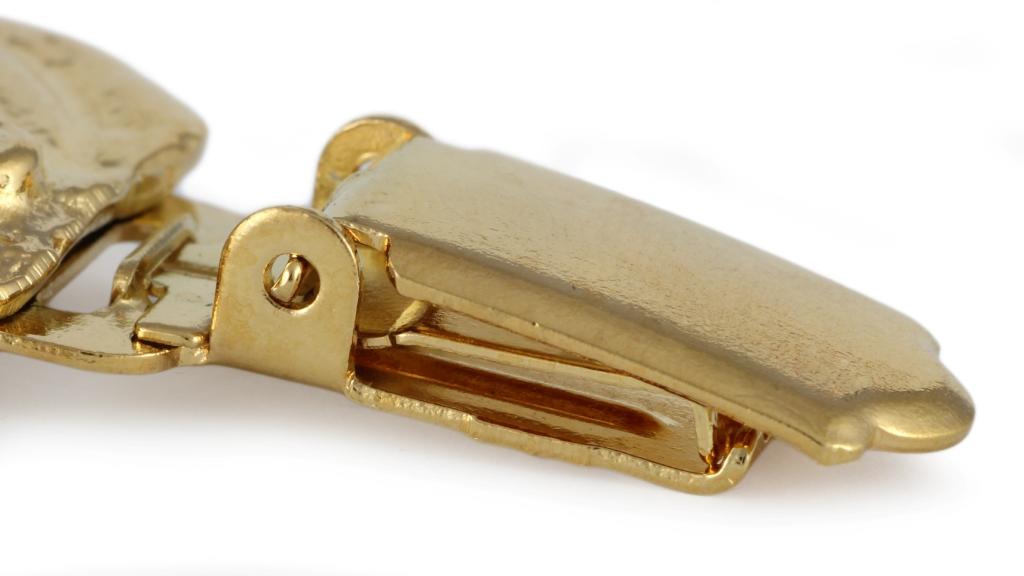 Bulldog, English Bulldog, British Bulldog – Brooch with a clip, gold-plated holder for a race number | Art-Dog