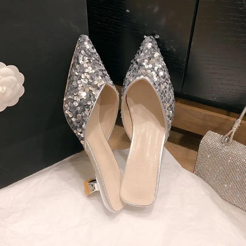 Fashion With Heel Sexy Sequins Shoes for Women Pointed Toe Woman Mules Slippers Elegant and Fashionable 2025 Luxury Non Slip Summer Sale