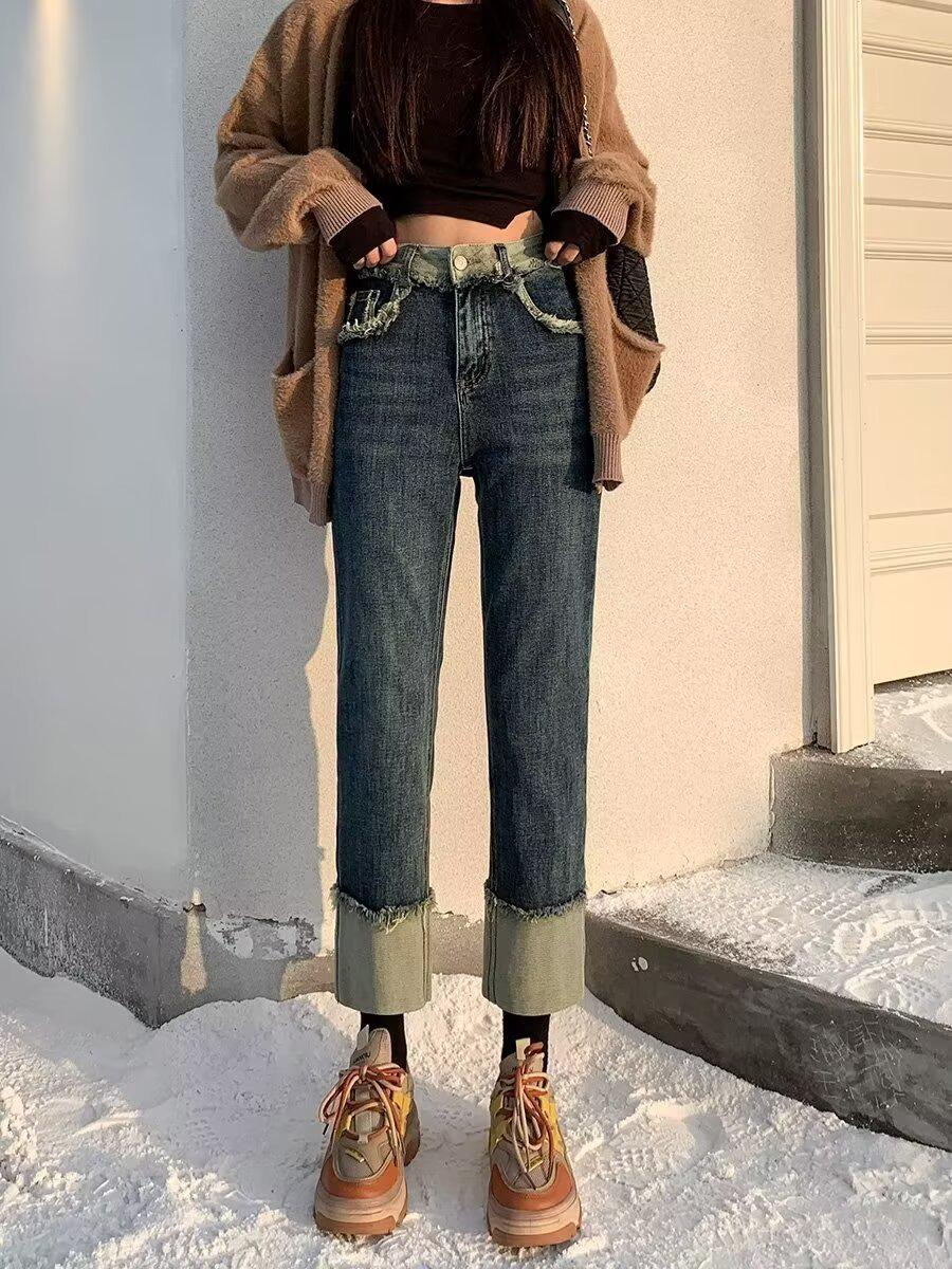 

Джинсы женские 2025 в корейском стиле с высокой посадкой, ретро, прямого кроя - свободные, для миниатюрной фигуры Extra Large синий