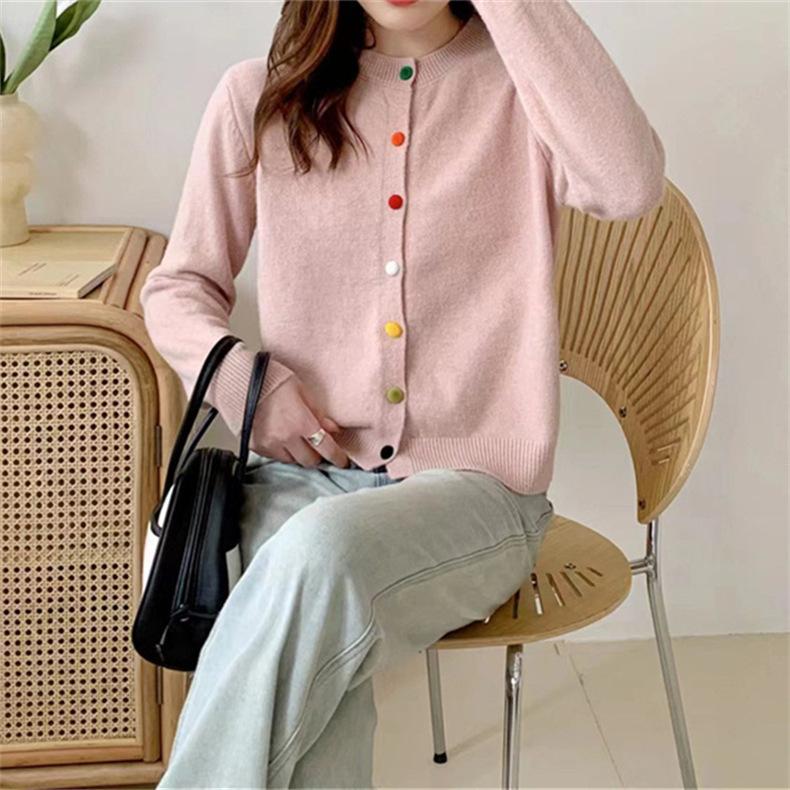 Temperament elegant round neck long sleeve soft waxy knitted cardigan women's autumn and winter new color single-breasted sweater jacket