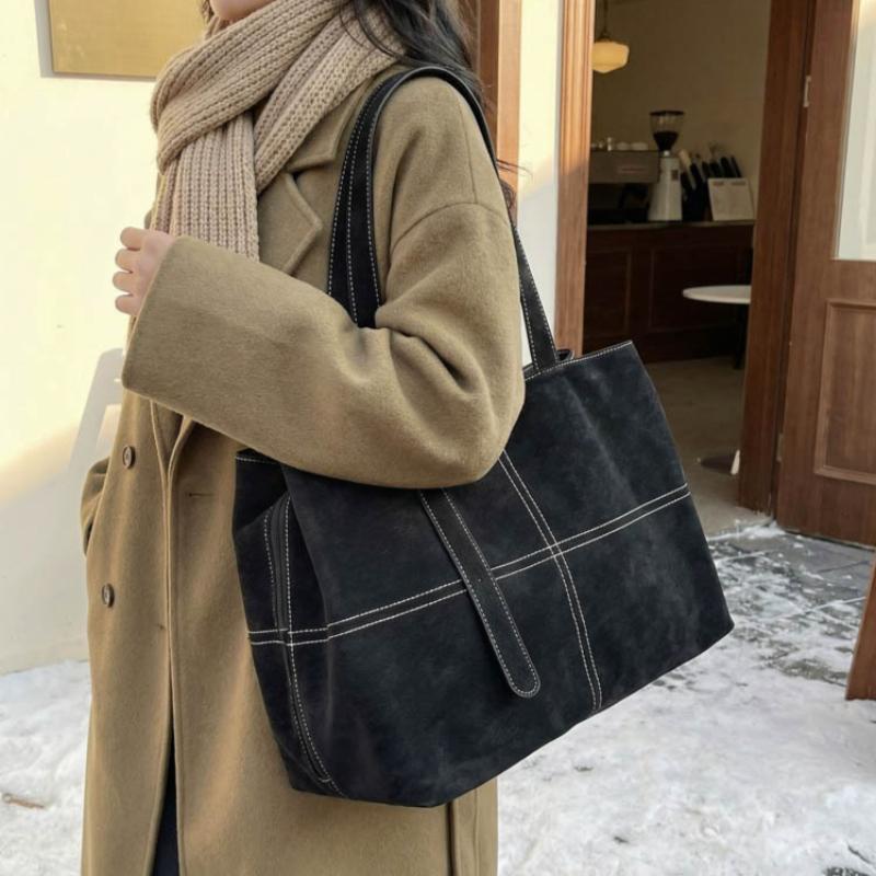 Vintage Suede Tote Bag for Women Large Capacity Casual Shoulder Bag Retro Cross Quilting Soft Hobo Handbag for Daily Commute Work Shopping Travel