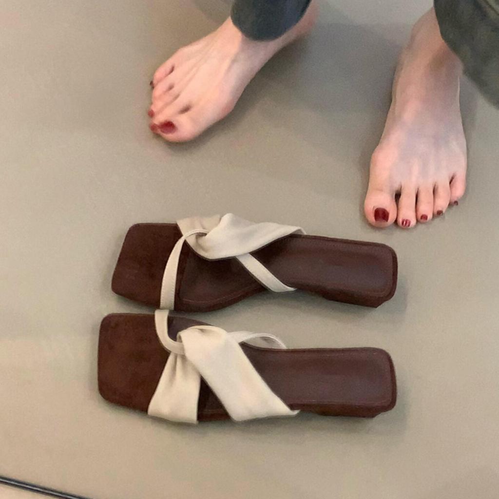 Vintage cross with simple open-toed sandals women's low-heeled square head outer wear comfortable slippers