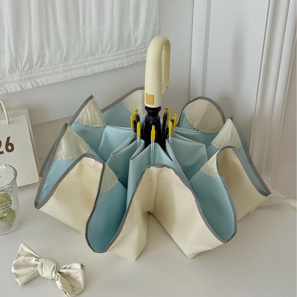 Fully Automatic Ring Buckle Closing Umbrella Sunscreen Color Contrast Color Glue Female Color Glue Student Rounded Corner Safety Parasol