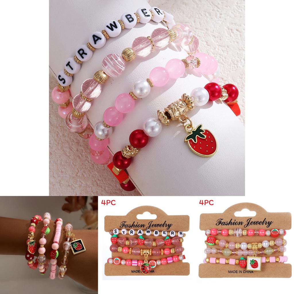 Strawberry Pendant Beaded Bracelet Set With Crystal Glass For Womens Fashion Accessories
