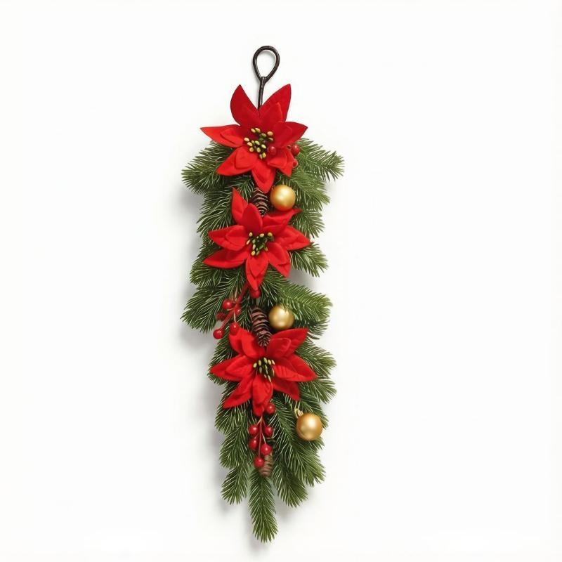 Christmas Teardrop Swag Wreath Artificial Poinsettia Pine Cone Red Berry Hanging Garland For Front Door Wall Home Xmas Decor