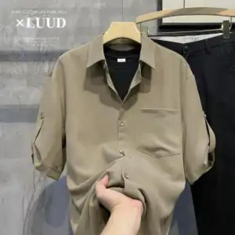 

Men Half Sleeve Shirt Loose Collared Button Down Casual Chiffon Blouse M