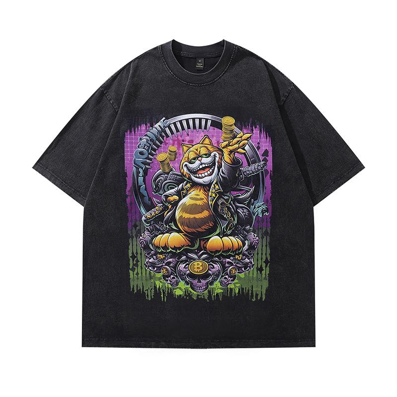 Heavy American Heavy Retro Pure Cotton Short-Sleeved T-Shirt For Men And Women Washed And Old Loose Direct Injection Printing Custom