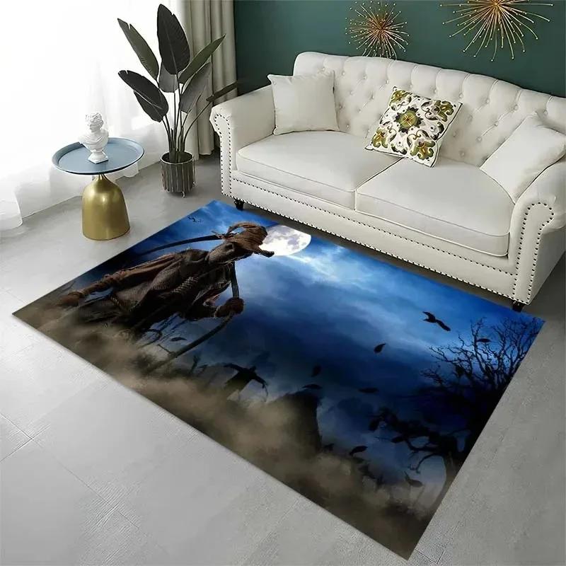 Horror Halloween Horror Pumpkin Rug Non-Slip Living Room Floor Mat Creepy Laundry Room Decor with Ghost Print Home Sofa Mat