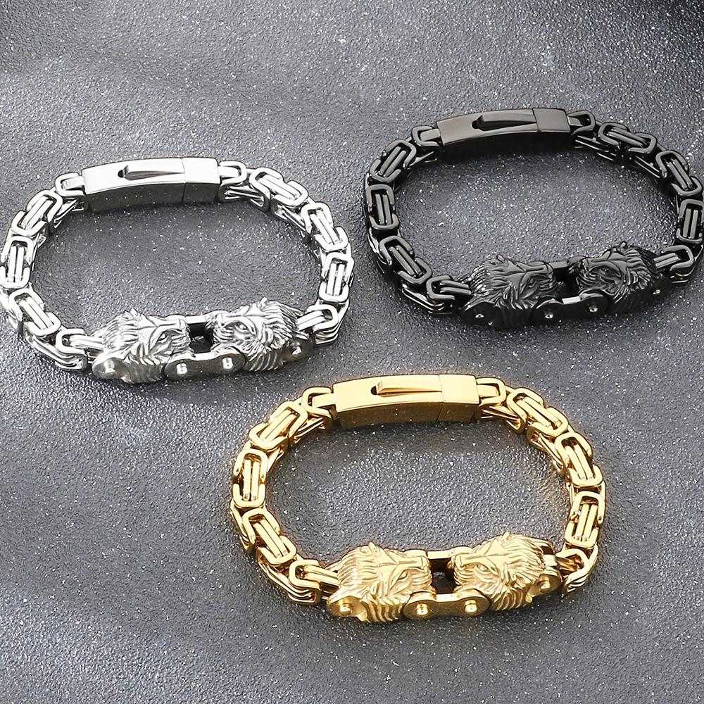 Cool 7MM Wide Men's Lion Head Link Chain Bracelet Vintage Blackened 316l Stainless Steel Bracelets Gothic Biker Jewelry for Men