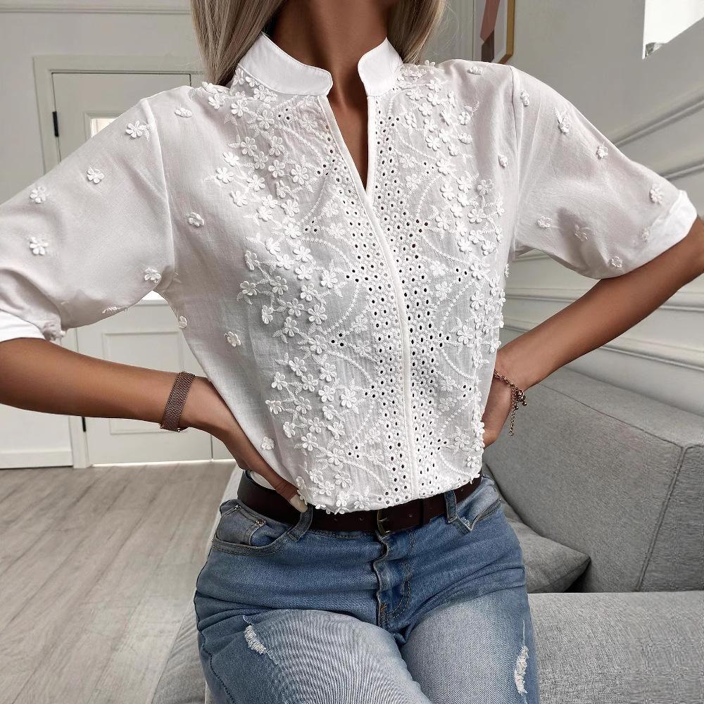 

Female V-neck Stand Up Collar Embroidered Lace Top Shirt Long Sleeved Shirt 2XL