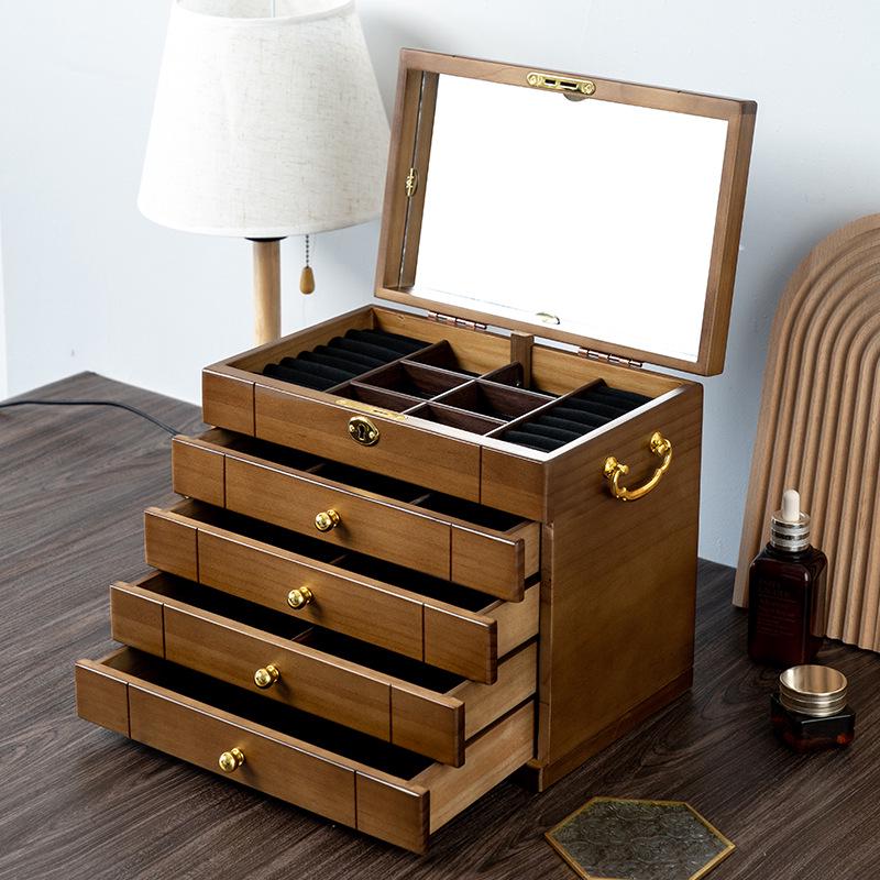 Exquisite Vintage Solid Wood Jewelry Box with Lock for Necklaces, Earrings, and Rings