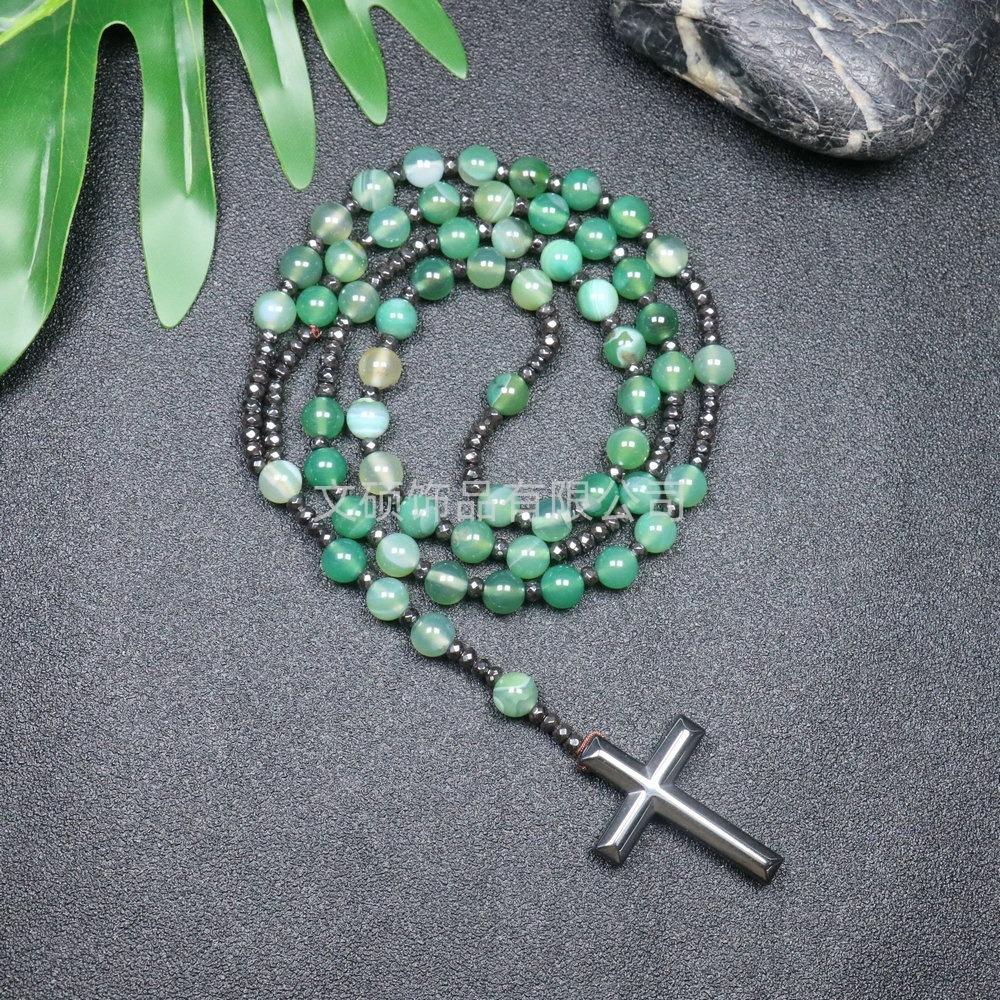 Collier pendentif croix en pierre naturelle, Croix en pierre d'œil de tigre et fer à bille chapelet collier pour homme