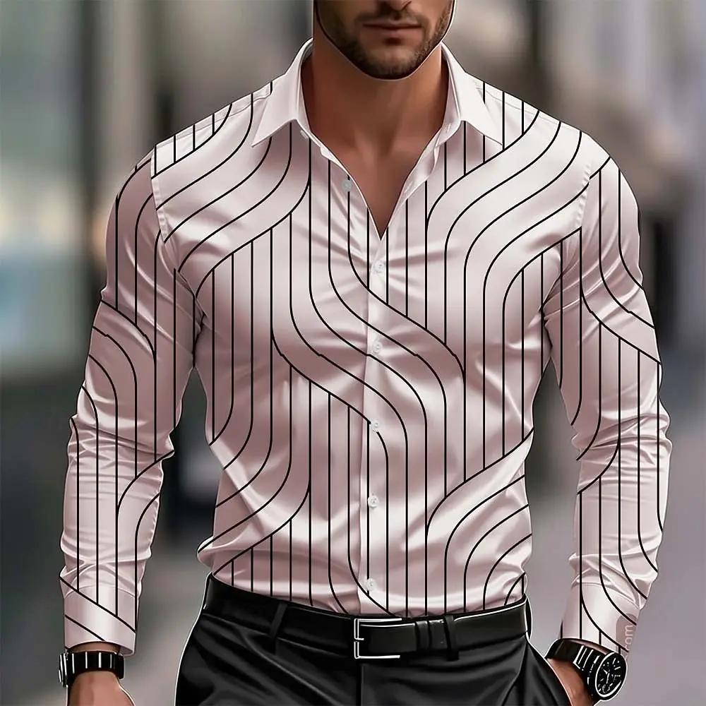 Men's Geometric Pattern Wave Abstract Art Shirt Business Casual Vacation Long Sleeve Collar Button-Up Shirts
