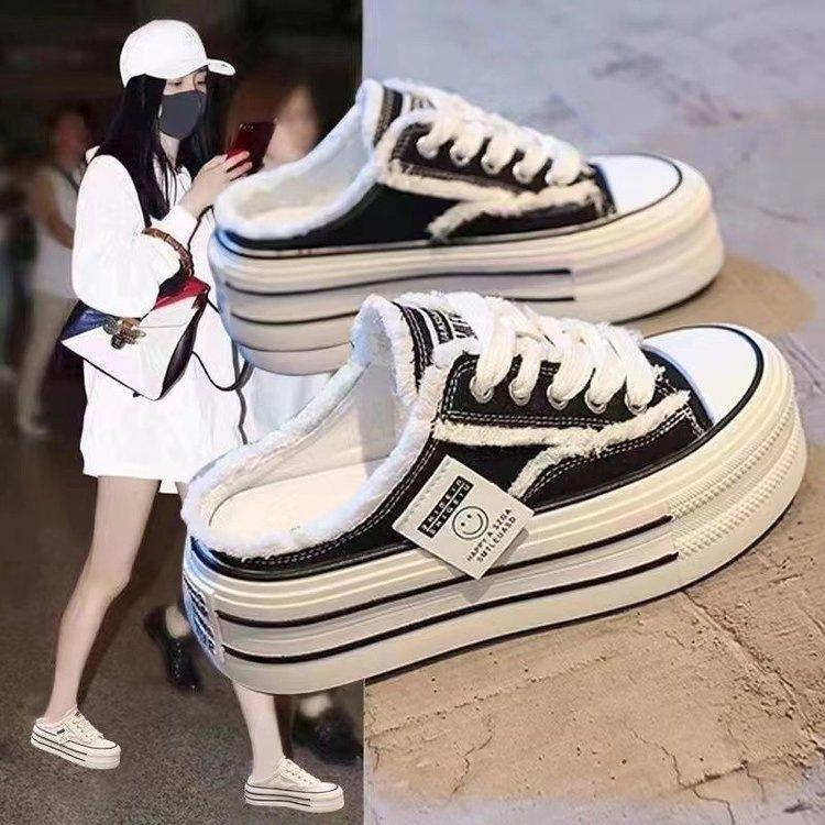 Baotou slippers for women to wear 2025 spring new canvas shoes without heel versatile lazy half-drag platform beggar shoes