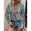 Women V Neck Boho Paisley Print Long Sleeve Blouse Multi Color Ethnic Loose Fit Summer Vacation Casual Top