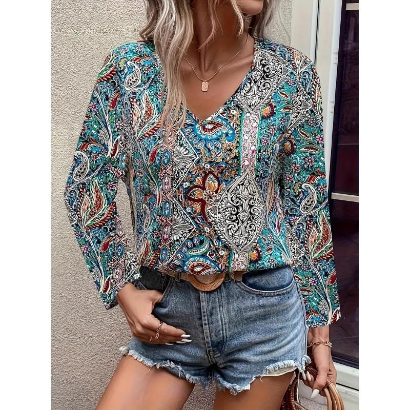 Women V Neck Boho Paisley Print Long Sleeve Blouse Multi Color Ethnic Loose Fit Summer Vacation Casual Top