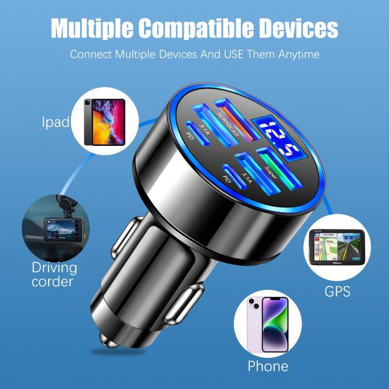 Nabíječka do auta s digitálním displejem 6v1 Podpora 4USB+2PD Super rychlé nabíjení DC12-24V Multiportová nabíječka pro mobilní telefon s digitálním displejem