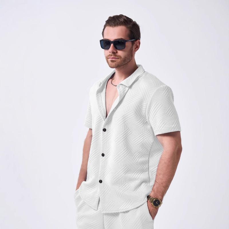 

Men Turn Down Collar Short Sleeve Button Up Shirt With Jacquard Texture Loose Fit Casual Daily Tops S белый