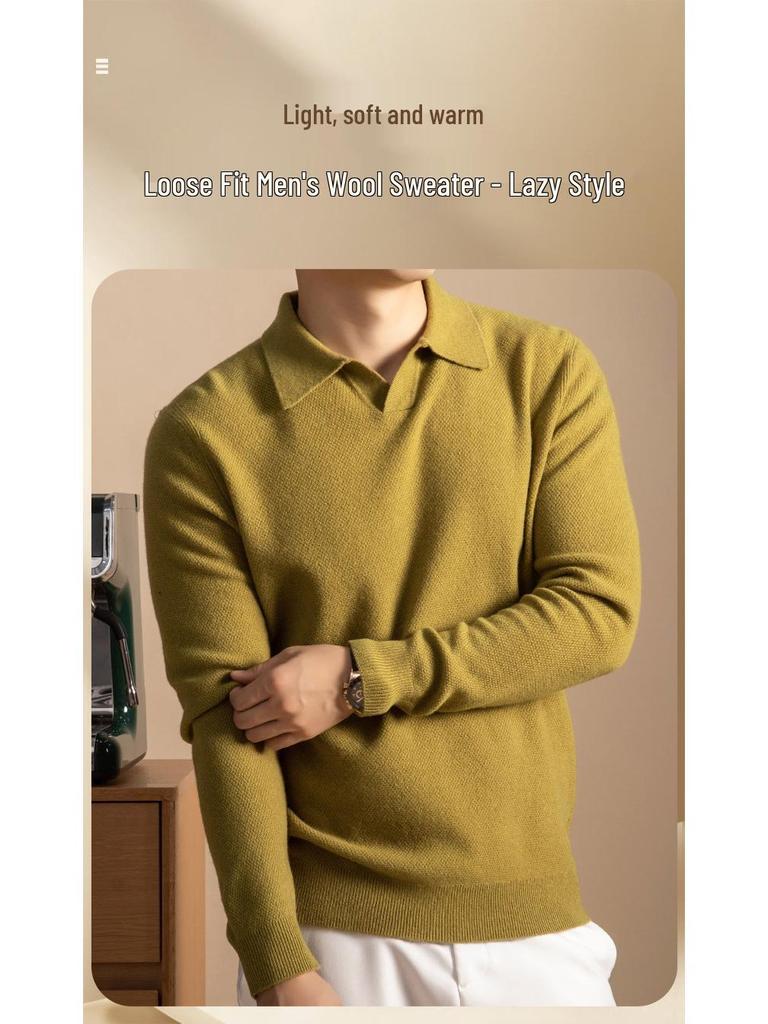 Men's Seagull Neck Cashmere Sweater Base Layer with Turn-Down Collar