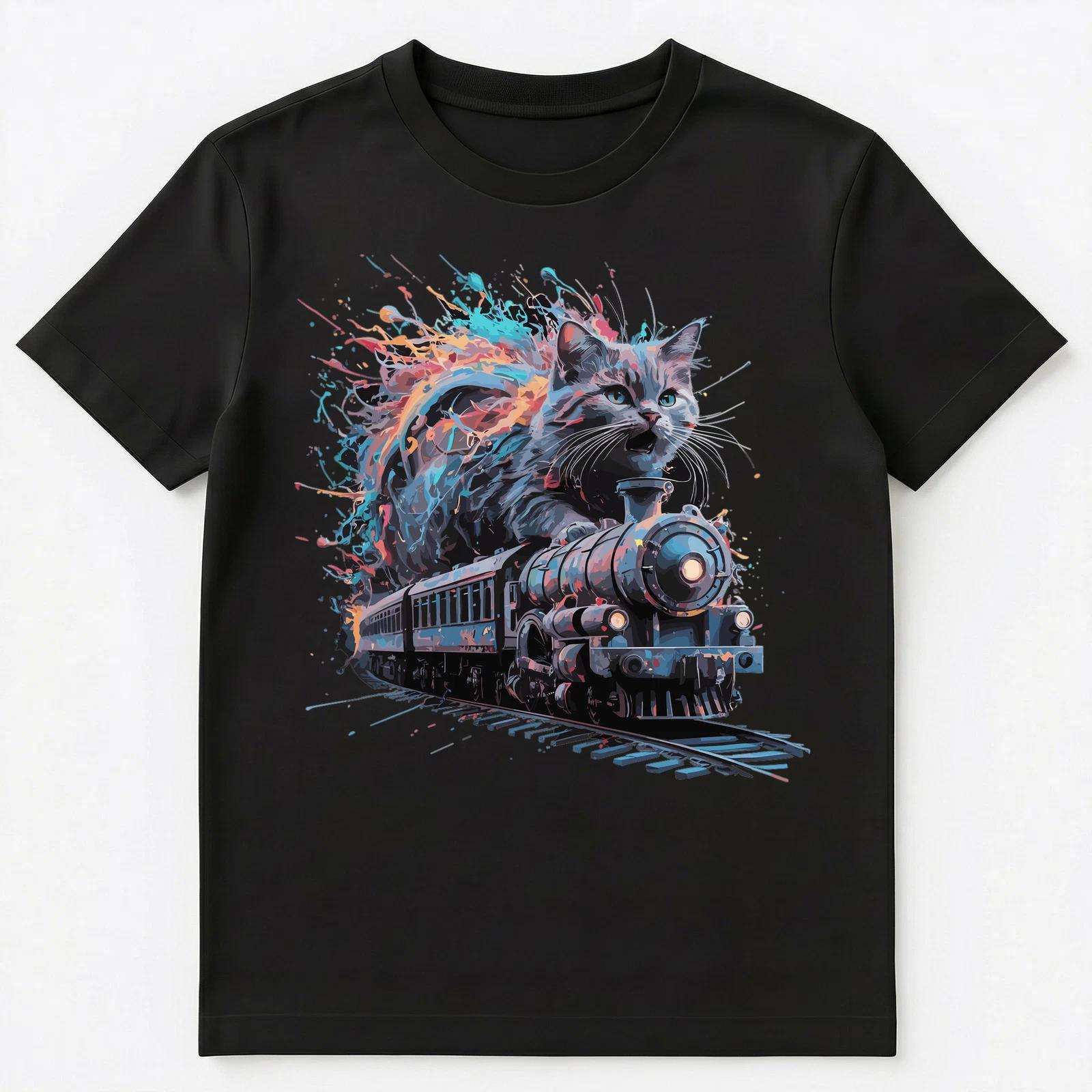 

Colorful Paint Splash Cat Riding A Model Train Art Graphic Unisex T-Shirt 3XL