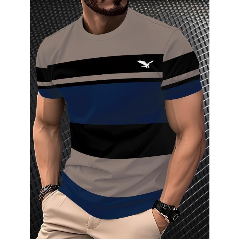 Summer Round Neck 3D Color Block Print Top Fashionable Casual Short Sleeved Men's T-shirts