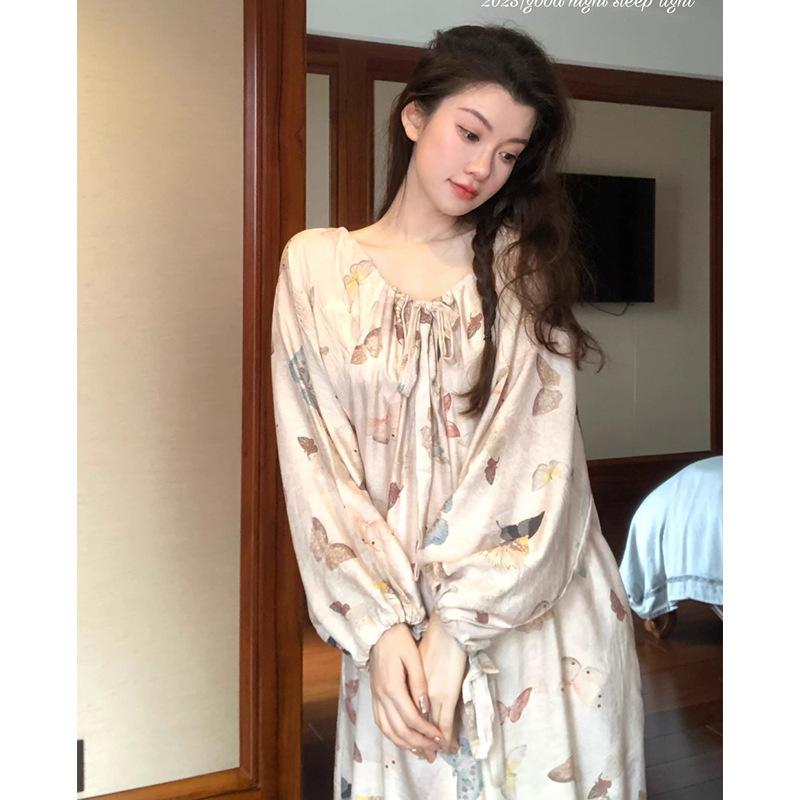 

Sexy pajamas women s ice silk French elegant nightgown women s summer thin Maillard butterfly loungewear set L
