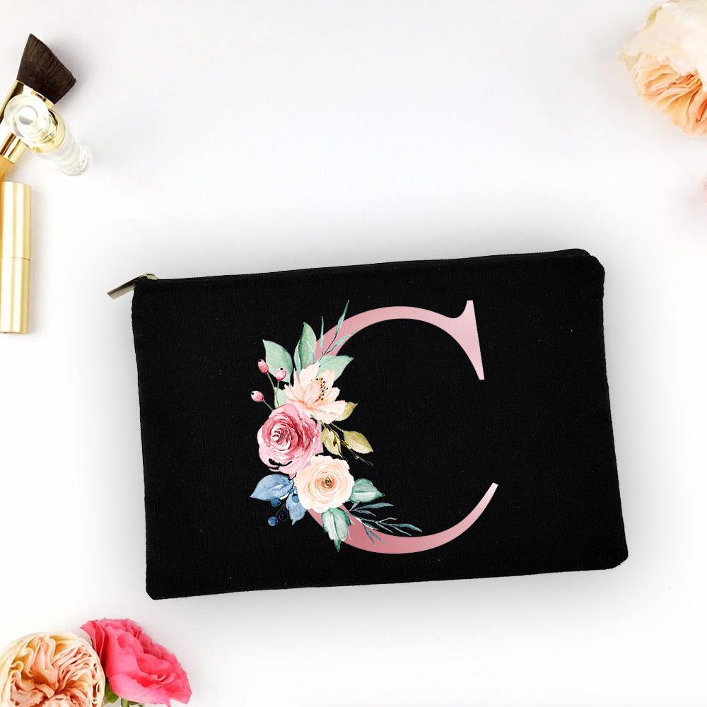 Pink Alphabet Flower A-Z Makeup Bag Make Up Pouch Women Shopping Travel Cosmetic Storage Lipstick Bags Large Capacity Organizer