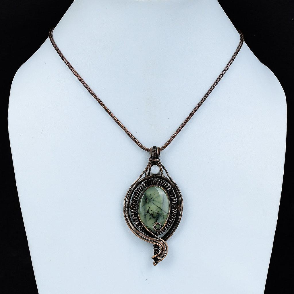 Prehnite, Moonstone Gemstone Pure Copper Wire Wrapped Designer Handmade Pendant Jewelry Gift
