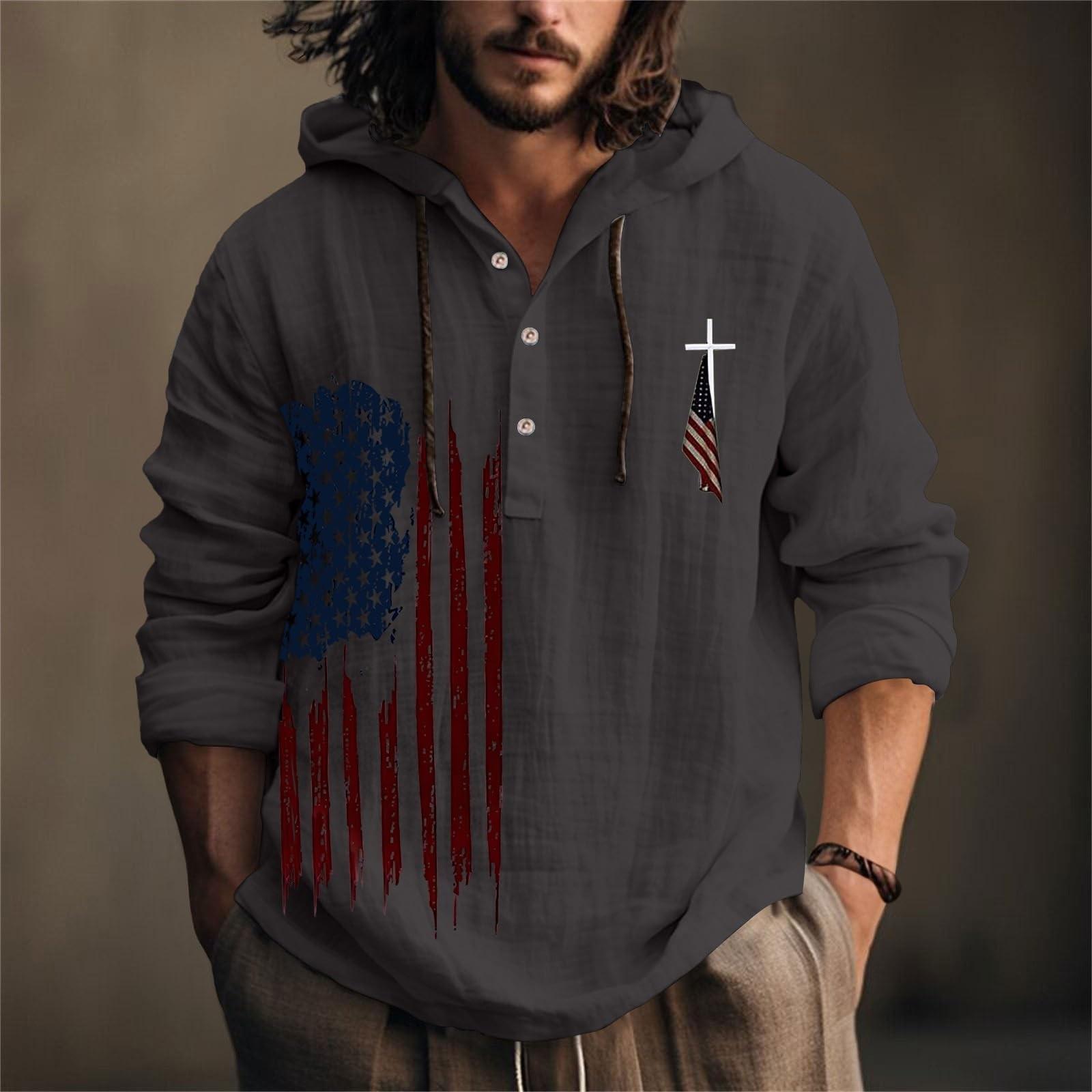 

Мужская рубашка из хлопка и льна с принтом «День независимости», с капюшоном, с длинными рукавами, повседневная одежда для весны и лета L