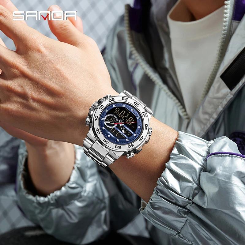 SANDA Fashionable Waterproof  Men's Electronic Watch Sports Multifunctional Large Dial Three Pin Double Display Men's Wrist Watc