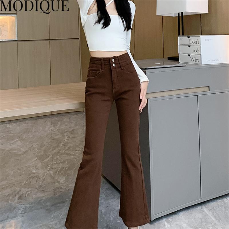 MODIQUE Autumn Plus Size New Women Basics Elastiske Bell-Bottoms Dame Høy midje Full Lengde Flare Bukser Dame Uformelle lange denim jeans