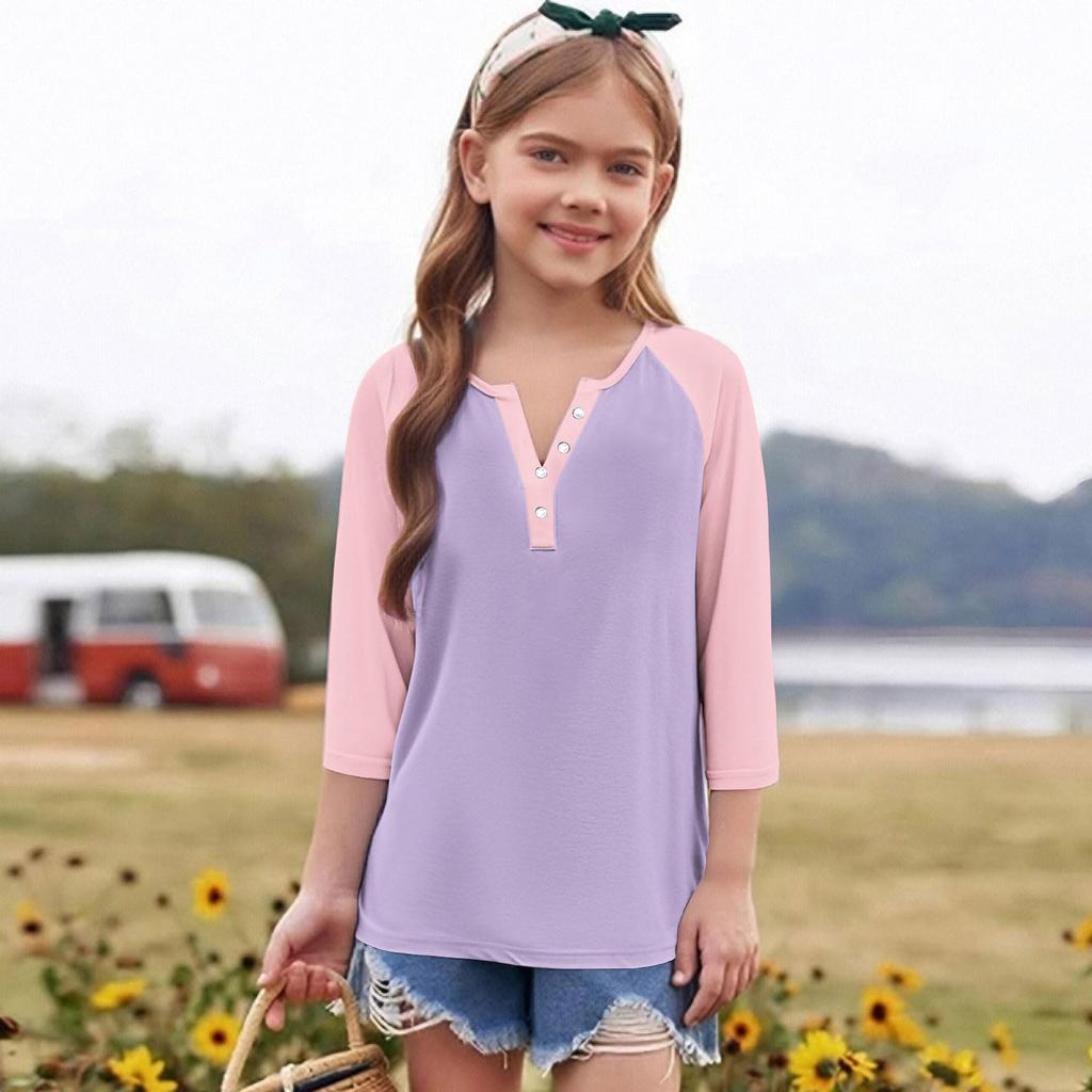 Print Tops For Youth Girls Round Neck 3/4 Sleeves T-Shirts Trendy Tops Outfit Tees
