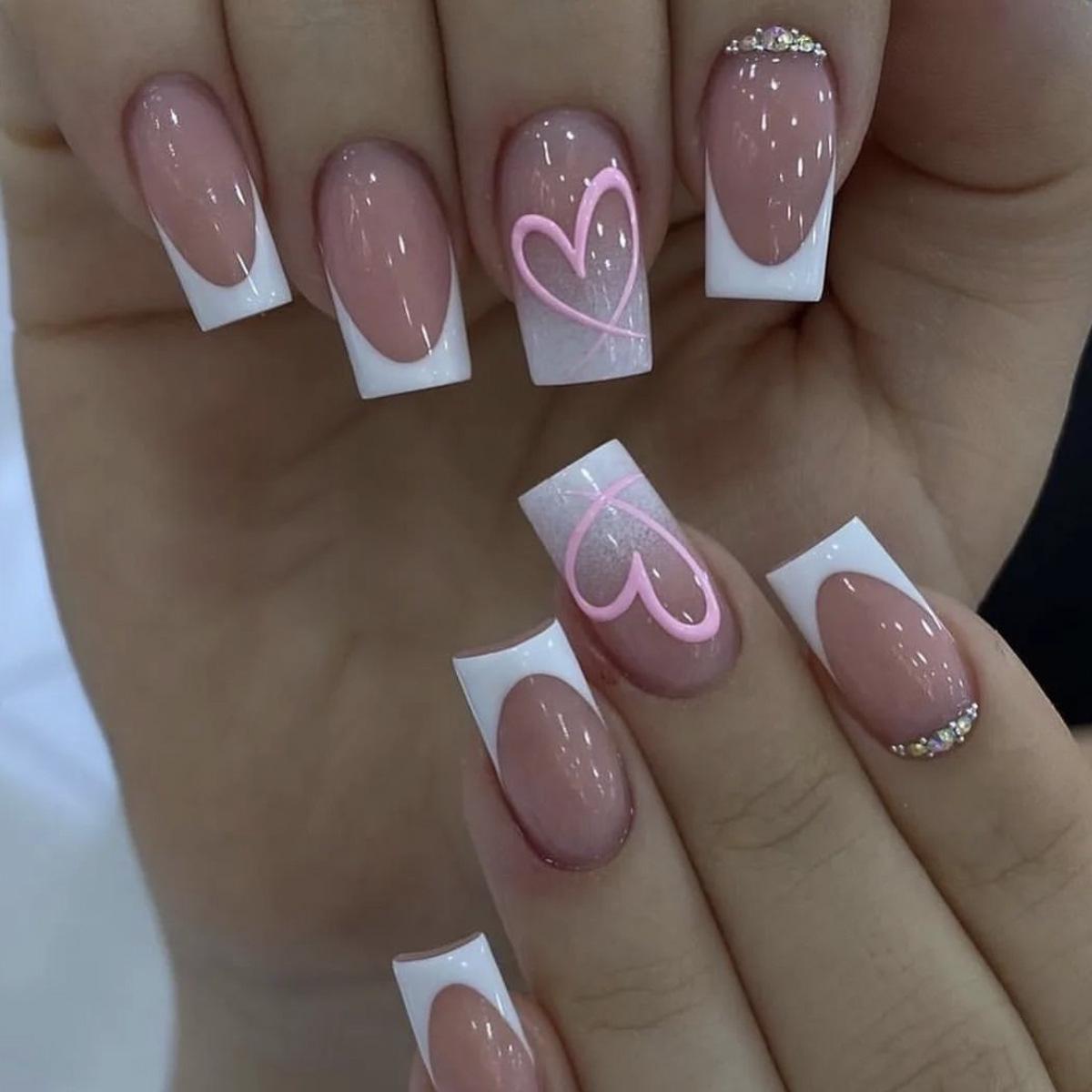 

Heart Print Rhinestone French Tip Detachable Fake Nails