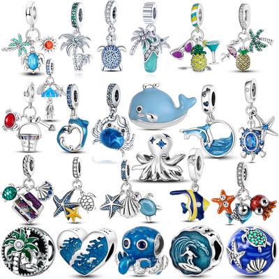 S925 Sterling Silver Ocean Summer Style Dangle Turtle Starfish Octopus Dolphin Beads Charms Fit Original  Bracelet Jewelry