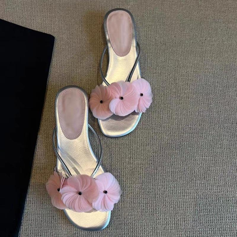 Fashion Low Heel Slippers Fashion Round Toe Open Toe Flower Slim Strap Soft Slip Non-Slip Wear-Resistant Flat Flip Flops