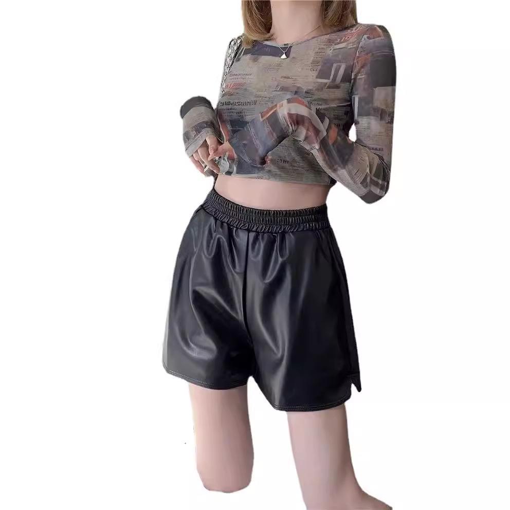 2025 Plus Size Women's High Waist PU Leather A-line Slimming Bootcut Shorts - Autumn/Winter Collection