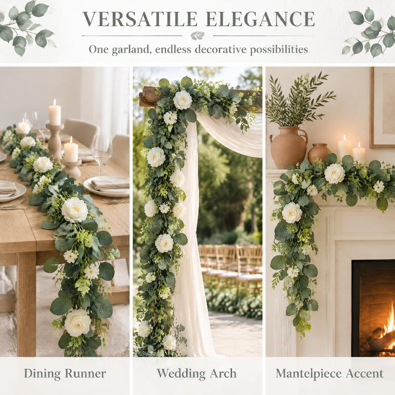 2Pcs Artificial Eucalyptus Vine With White Flowers Faux Greenery Garland For Wedding Arch, Wall And Party Decoration