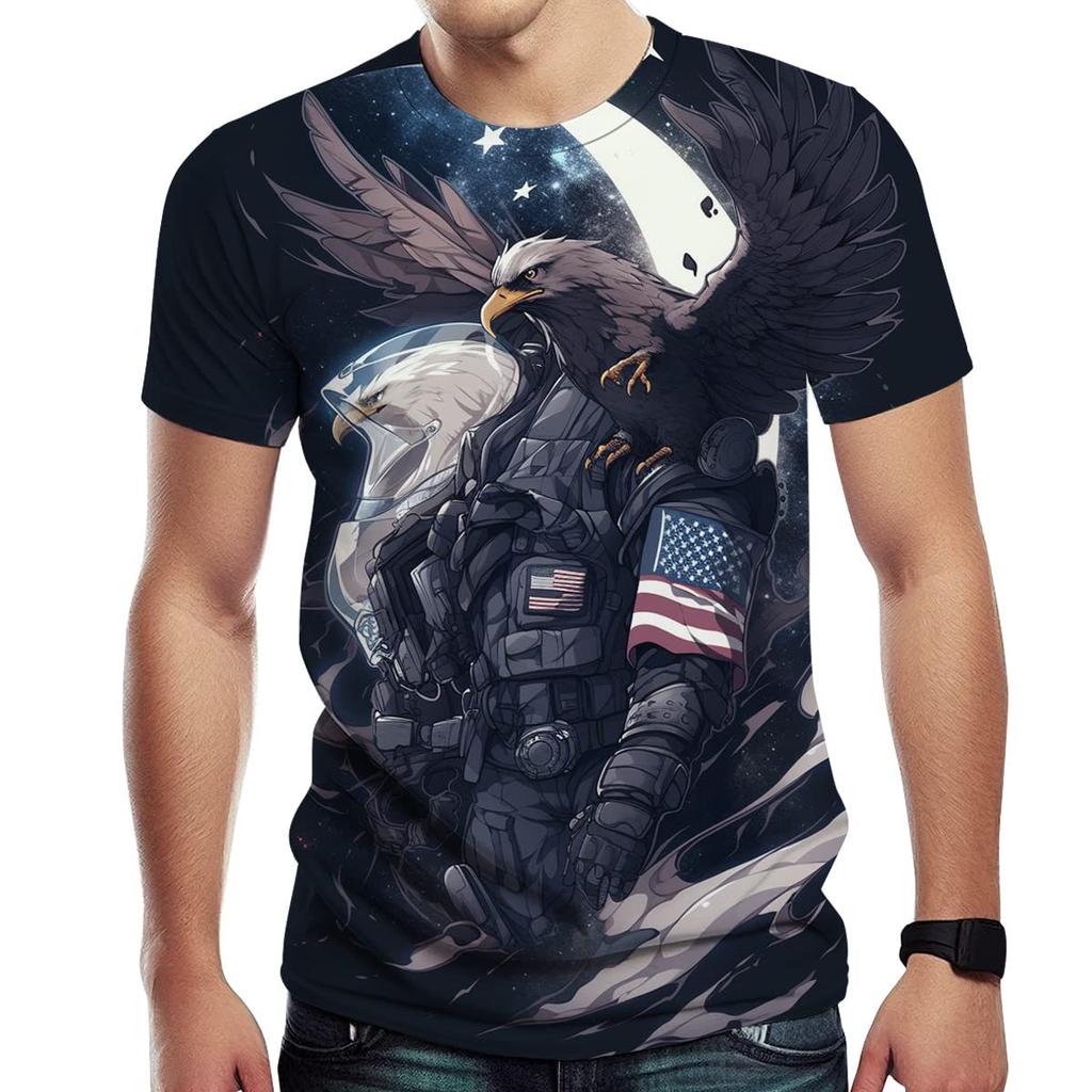 Summer Round Neck 3D American Eagle Pattern Print Top Fashionable Casual Short Sleeved Men's T-shirts