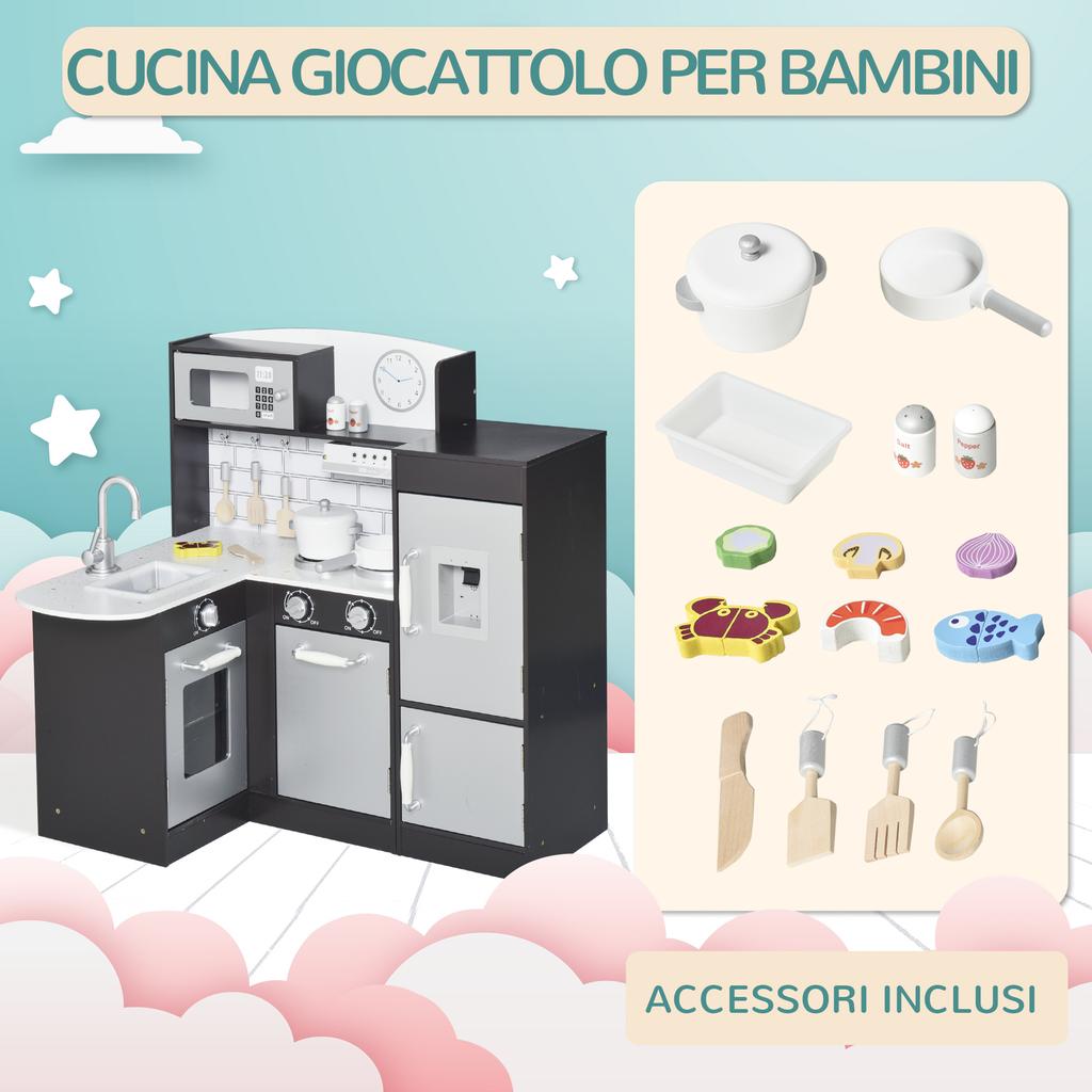 Wooden Toy Kitchen for Children with 14 Accessories, Oven, Sink, Fridge and Microwave, Age 3+ Years, 86x64x84.5cm, Silver and Brown