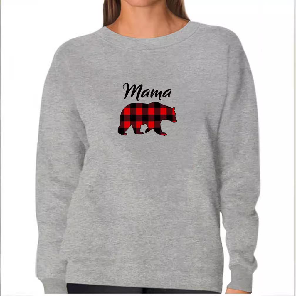 Women's Bear MAMA Print Round Neck Sweatshirt, Long Sleeve, Multi-color, European and American Style, In Stock (2025).