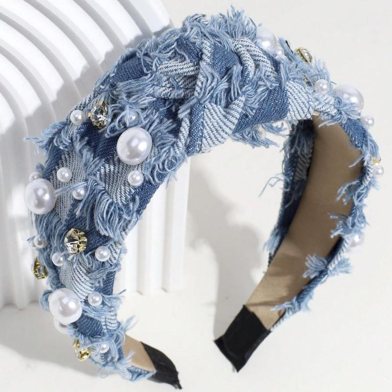 

Женская модная повязка на голову с узлом, декорированная искусственным жемчугом и стразами, для украшения тиар, ободков для волос, обручей для волос, повязок для волос, головных уборов one-size светло-синий