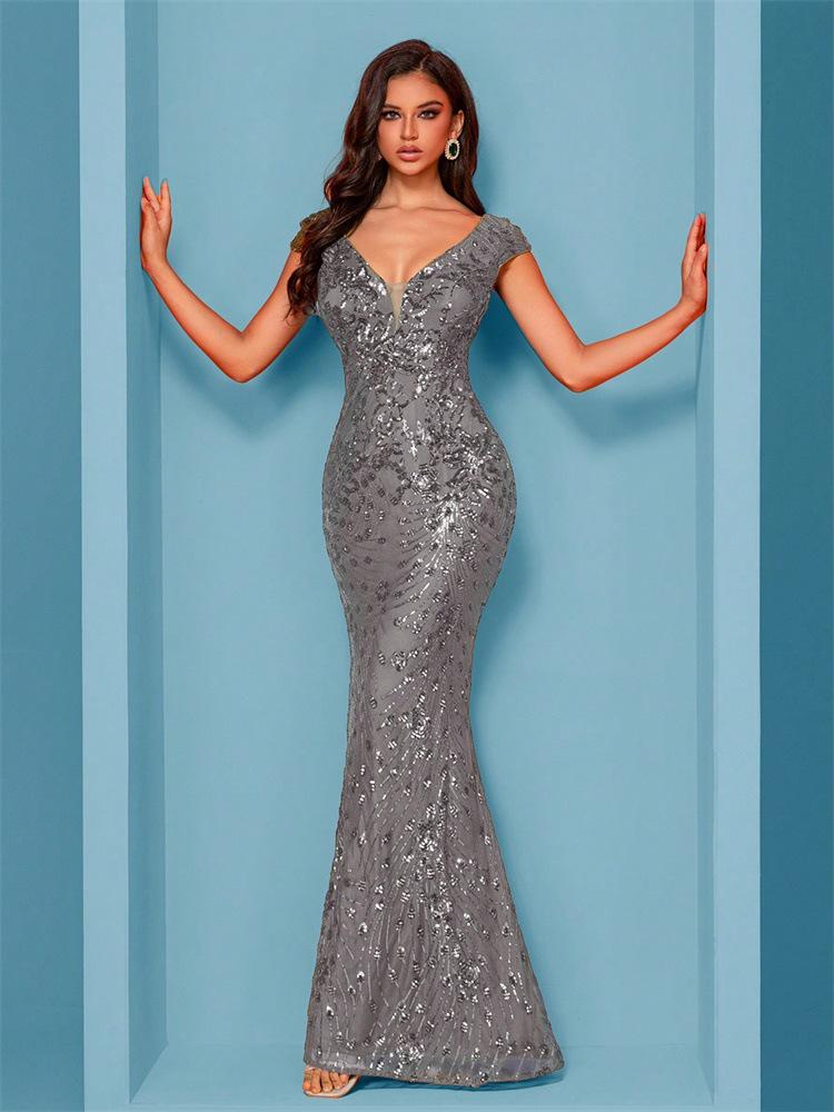 Elegant Blue Sequined Mermaid Evening Gown Gray
