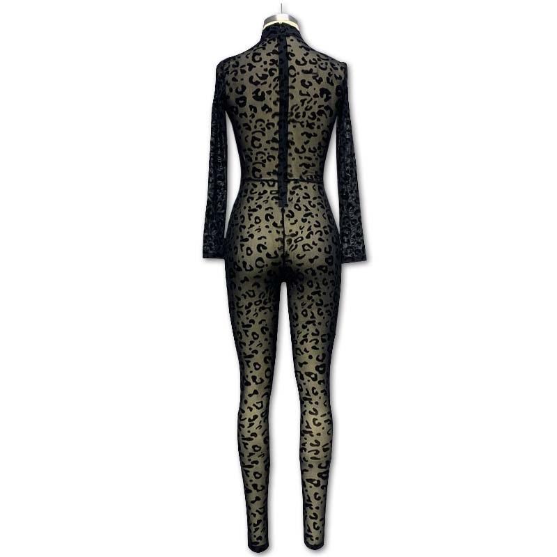Tooxika Nový dámský overal Slim Fit s dlouhým rukávem Sexy Flocking Průsvitný zeštíhlující overal